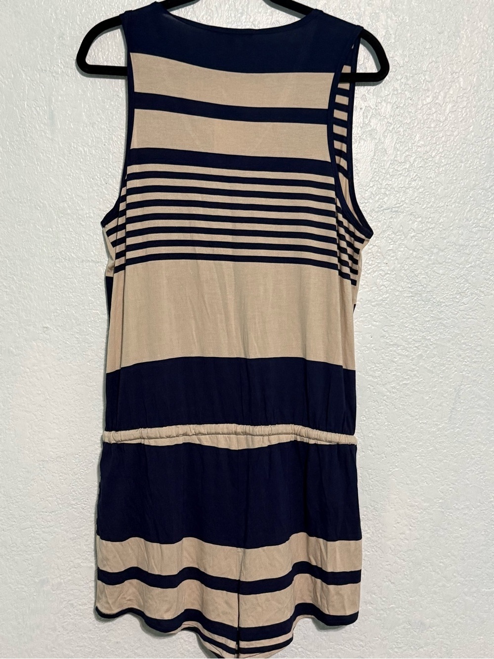 C&C California Navy and Tan Striped V-Neck Romper with Drawstring - Picture 3 of 5